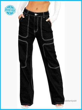 Wide Leg Cargo Jeans Casual Loose Fit Mid Rise Denim Pants Y2K